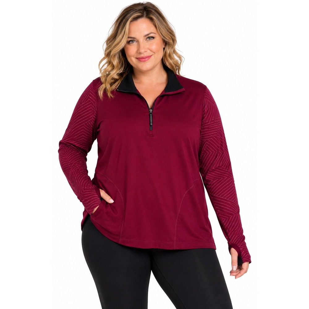 Avia Womens XXL Burgundy Quarter Zip Pullover Long Sleeve Thumbhole Active Top